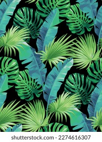 Seamless pattern with tropical leaves in realistic style. Foliage background. Vector botanical illustration. Hawaiian summer design.