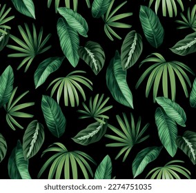 Seamless pattern with tropical leaves in realistic style. Foliage background. Vector botanical illustration. Hawaiian summer design.