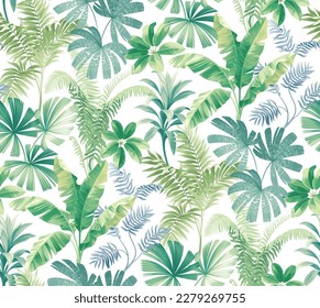 Seamless pattern with tropical leaves. Realistic botanical illustration. Vector Hawaiian background.