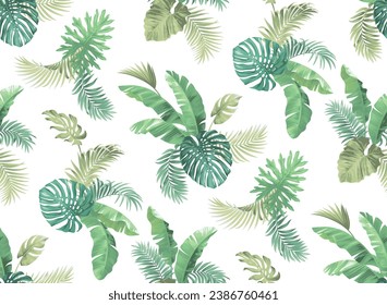 Patrón sin foco con hojas tropicales. Ilustración botánica realista. Vector de fondo hawaiano.