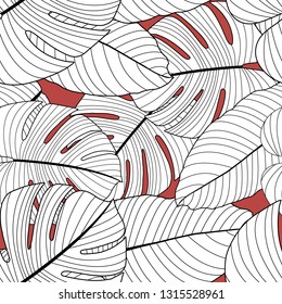 Seamless pattern with tropical leaves in red and white colors