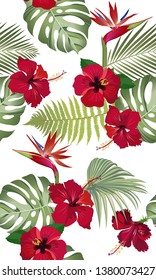 Seamless pattern tropical leaves with red hibiscus flower and bird of paradise on white background