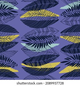 Seamless pattern with tropical leaves in retro 1970s style. Night in Jungle concept. The colors of the 2022 year Very Peri, blue a violet-red undertone background