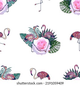 Nahtlose Muster tropischer Blätter, Rosen und rosafarbener Flamingos. Stock-Vektorgrafik eps10.