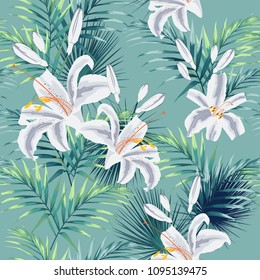 Seamless pattern with tropical leaves and royal white lilies flowers. Dark and bright green palm leaves on the mint background. Tropical illustration. Jungle foliage.