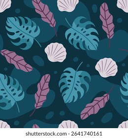 Seamless pattern with tropical leaves and sea shells on dark background. Exotic vector design with monstera leaves for textile, wallpaper, or wrapping. Tropical leaves in flat modern style.