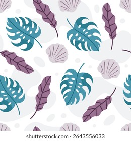 Seamless pattern with tropical leaves and sea shells on white background. Exotic vector design with monstera leaves for textile, wallpaper, or wrapping. Tropical leaves in flat modern style.
