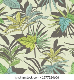 Seamless pattern of tropical leaves with silhouettes on a pale green background