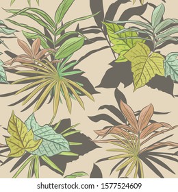 Seamless pattern of tropical leaves with silhouettes on a pale peachy background