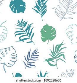 Seamless pattern of tropical leaves. The silhouettes of the branches of palm trees. Flat vector illustration