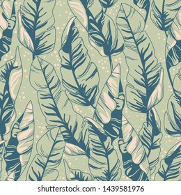Seamless pattern with tropical leaves, sketch style vector illustration