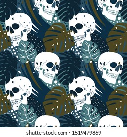 Seamless pattern of tropical leaves  and skull.Vector background.