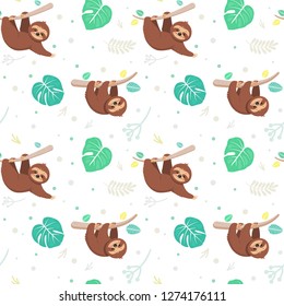 Seamless pattern with tropical leaves and sloths. vector illustration