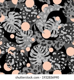 seamless pattern with tropical leaves and spots, vector design for paper, fabric