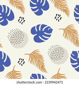 Patrón sin foco con hojas tropicales, manchas y puntos. Diseño moderno de papel pintado, textil. Vector dibujado a mano.