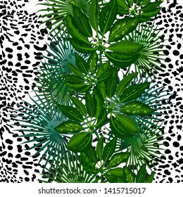 Seamless pattern of tropical leaves and spotted panthers, jaguars.