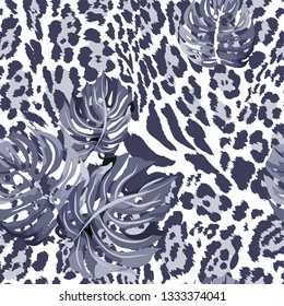 Seamless pattern with tropical leaves and stained panther, jaguar.
