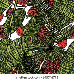 Seamless pattern with tropical leaves, strawberries and fig. Vector illustration. Typography design elements for prints, cards, posters, products packaging, branding.

