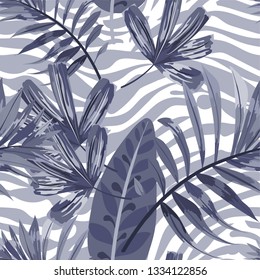 Seamless pattern with tropical leaves and stripes of tiger, zebra.