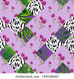 Seamless pattern with tropical leaves and stripes of tiger, zebra.