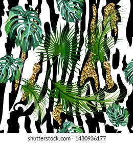 Seamless pattern of tropical leaves and stripes of a tiger, zebra.