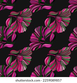 Seamless pattern with tropical leaves. Stylized floral background. Design for fabric, textile print, wrapping paper, cover, poster. Vector illustration in retro style.
