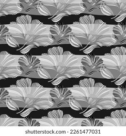 Seamless pattern with tropical leaves. Stylized floral background. Design for fabric, textile print, wrapping paper, cover, poster. Vector illustration in retro style.