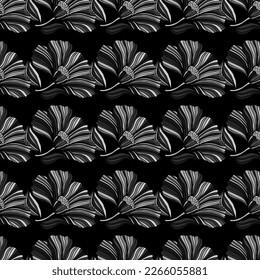 Seamless pattern with tropical leaves. Stylized floral background. Design for fabric, textile print, wrapping paper, cover, poster. Vector illustration in retro style.