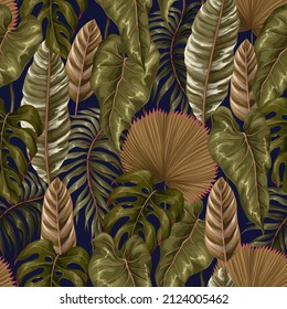 Seamless pattern with tropical leaves such as palm leaf, monstera and other.Vector