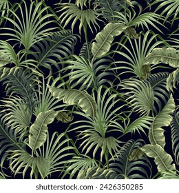 Seamless pattern with tropical leaves such as palm, banana leaf, etc