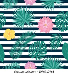 Seamless pattern with tropical leaves and summer flowers for textile, wallpapers, gift wrap, covers and scrapbook. Vector illustration.