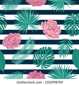 Seamless pattern with tropical leaves and summer pink flowers for textile, wallpapers, gift wrap, covers and scrapbook. Vector illustration.