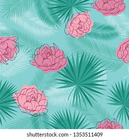 Seamless pattern with tropical leaves and summer pink flowers for textile, wallpapers, gift wrap, covers and scrapbook. Vector illustration.