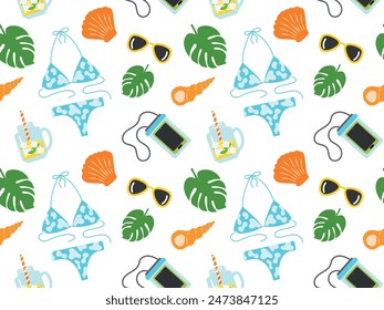 Seamless pattern with tropical leaves, swimsuit, sunglasses, seashells. Vector illustration of summer beach elements for textiles, fabrics and summer decor, wallpaper, wrapping paper