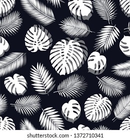 Seamless pattern with tropical leaves for textile, wallpapers, gift wrap, covers and scrapbook. Black Background. Vector illustration.