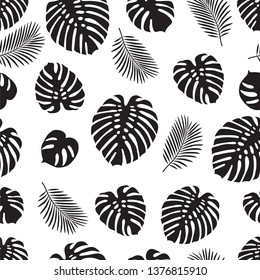 Seamless pattern with tropical leaves for textile, wallpapers, wrapping paper, covers and scrapbook. Black and white vector illustration.