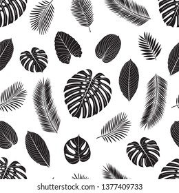 Seamless pattern with tropical leaves for textile, wallpapers, gift wrap, covers and scrapbook. Black and white vector illustration.