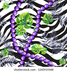 Seamless pattern with tropical leaves tiger stripesand pearl 