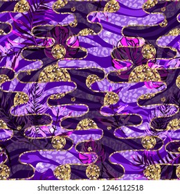 Seamless pattern with tropical leaves tiger stripes and jaguar spots