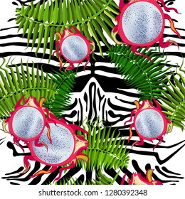 Seamless pattern with tropical leaves, tiger stripes, pitaya fruit.
