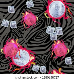 Seamless pattern with tropical leaves, tiger stripes, pitaya fruit.
