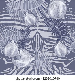 Seamless pattern with tropical leaves, tiger stripes, pitaya fruit.