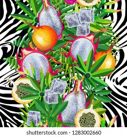 Seamless pattern with tropical leaves, tiger stripes, pitaya fruit, granadillas.