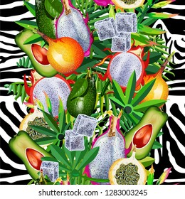 Seamless pattern with tropical leaves, tiger stripes, pitaya fruit, granadillas, and avocado.