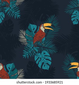 Seamless pattern of a tropical leaves and toucan background vector elements 