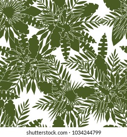 Seamless pattern of tropical leaves, vector illustration leafs of areca palm, fan palm, babana, philodendron, monstera, fern