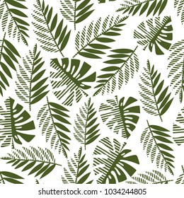 Seamless pattern of tropical leaves, vector illustration leafs of areca palm, philodendron, monstera, fern