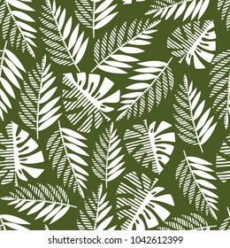 Seamless pattern of tropical leaves, vector illustration leafs of areca palm, philodendron, monstera, fern
