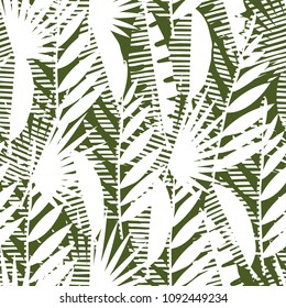 Seamless pattern of tropical leaves, vector illustration leafs of areca palm, fan palm, babana, philodendron, monstera, fern