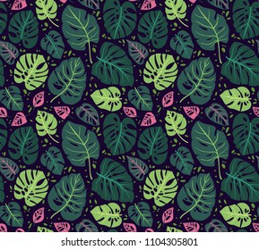 Seamless pattern with tropical leaves. Vector background with monstera leaf. Floral jungle ornament. Texture with tropic plants. Bright leaves on a dark blue background.